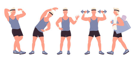 Male fitness trainer demonstrating various workout poses and gym activities for exercise, stretching, and strength training, perfect for fitness guides and health content isolated on white background vector illustrationのイラスト素材