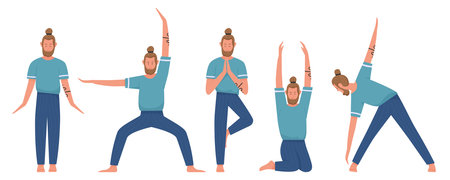 Male yoga instructor performing five different yoga poses for exercise, fitness, and wellness concepts, perfect for health blogs, posters, or educational materials isolated on white background vector illustrationのイラスト素材