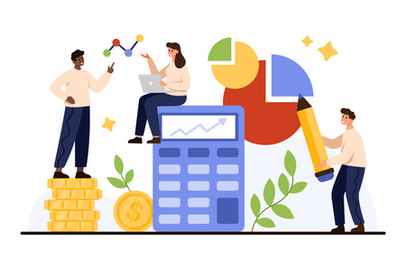Business team analyzing financial data with calculator, charts, coins, and graphs for statistics, calculation, and analytics concepts isolated on white background vector illustrationのイラスト素材