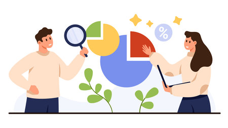 Business people discussing pie chart analysis teamwork data presentation financial report strategy growth concept isolated on white background vector illustrationのイラスト素材