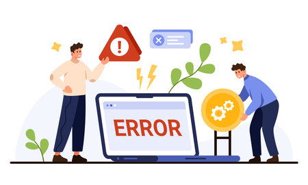 Laptop screen displays error message with two people, warning sign, gears, and alert icons, perfect for troubleshooting, IT support, or system failure concepts isolated on white background vector illustrationのイラスト素材