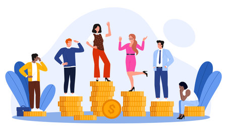 Wage inequality of business people, differences in salary and financial income, social status, wealth comparison. Employees standing on stacks of coins of different sizes cartoon vector illustrationのイラスト素材