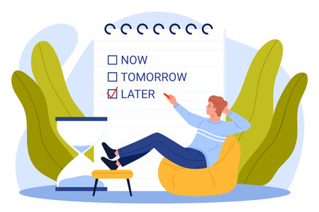 Man lounging on bean bag chair checks off later on to-do list concept of procrastination time management delay productivity motivation reminder vector illustrationのイラスト素材