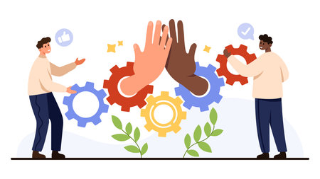 Two diverse people cooperate using colorful gears, high five gesture symbolizes successful teamwork, communication, technology, growth, and partnership isolated on white background vector illustrationのイラスト素材