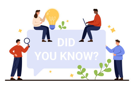 People sharing knowledge and ideas with did you know quote, magnifying glass, light bulb, and laptop, promoting information and learning, isolated on white background vector illustrationのイラスト素材