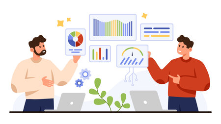 Two colleagues analyzing colorful data charts, graphs, and statistics on laptops, representing teamwork and business analytics, isolated on white background vector illustrationのイラスト素材