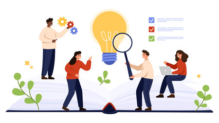 People collaborating around an open book with lightbulb symbolizing knowledge, gears for problem solving, checklist for organization, magnifying glass for research, isolated on white background vector illustrationのイラスト素材