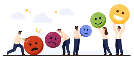 Group of people displaying various mood faces, from angry to happy, representing feedback, emotions, and mood changes, isolated on white background vector illustrationのイラスト素材