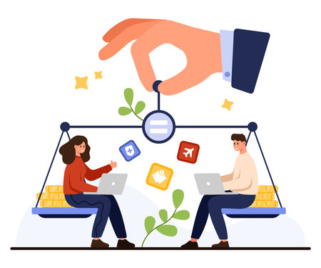 Businessman and businesswoman sitting on balanced scales with laptops, equality symbol above, icons for finance, travel, healthcare, teamwork, promoting gender equality at work vector illustrationのイラスト素材