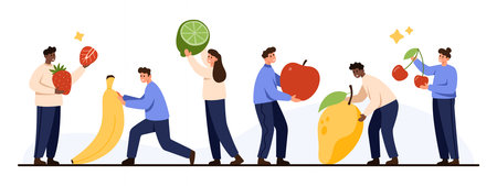 Group of diverse people carrying oversized fruits and berries including strawberry, banana, lime, apple, mango, and cherries, healthy eating, nutrition, isolated on white background vector illustrationのイラスト素材