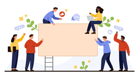 Group of diverse people interacting around a large blank poster, using laptops and gestures, with social media icons and plants, isolated on white background vector illustrationのイラスト素材