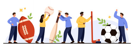 Group of diverse people standing with different sport equipment including football, baseball, hockey, and soccer, promoting active lifestyle isolated on white background vector illustrationのイラスト素材