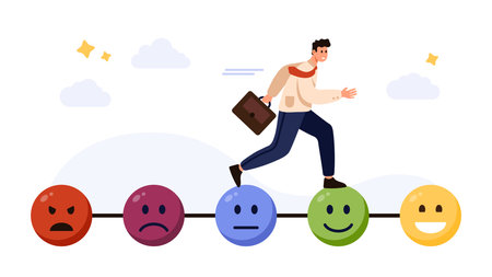 Businessman walking across colorful emotion faces, symbolizing progress from negativity to happiness and personal growth, isolated on white background vector illustrationのイラスト素材