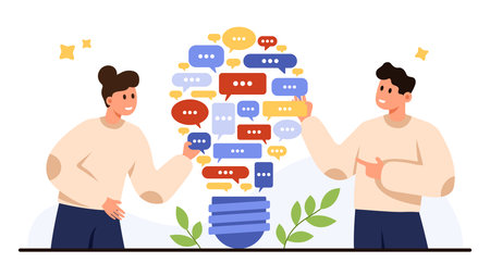 Two people discussing ideas with colorful speech bubbles forming a lightbulb, representing teamwork, communication, and creative collaboration, isolated on white background vector illustrationのイラスト素材