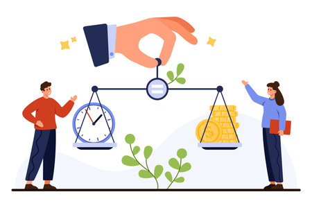 Business people comparing time and money on balanced scales, large hand holding equality symbol, financial decision, work life balance, modern flat style, isolated on white background vector illustrationのイラスト素材