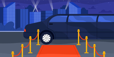 Elegant black limousine parked by red carpet with city skyline and spotlights at night, showcasing luxury event transportation, exclusive entrance, and VIP experience vector illustrationのイラスト素材
