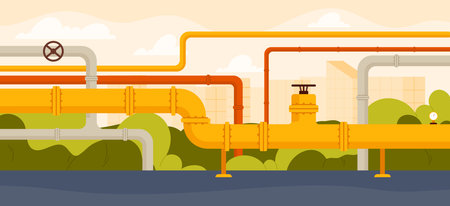 Industrial oil factory pipeline system with valves and pipes transporting fuel across facility, surrounded by greenery and buildings, energy infrastructure concept vector illustrationのイラスト素材