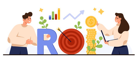 Business people analyzing ROI with target, coins, and growth chart, representing return on investment and profit increase, isolated on white background vector illustrationのイラスト素材