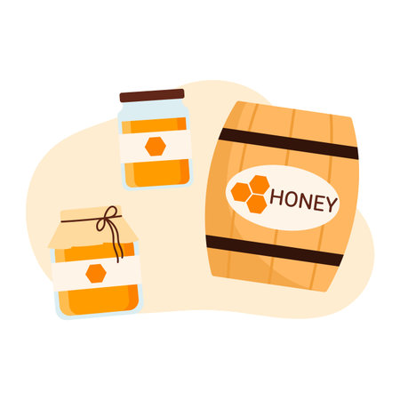 Isolated honey production jars and barrel for beekeeping, food, and organic product concepts vector illustrationのイラスト素材