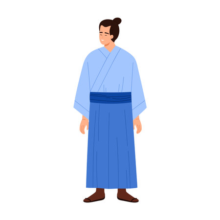Young Japanese man wearing traditional blue kimono standing isolated on white background vector illustrationのイラスト素材
