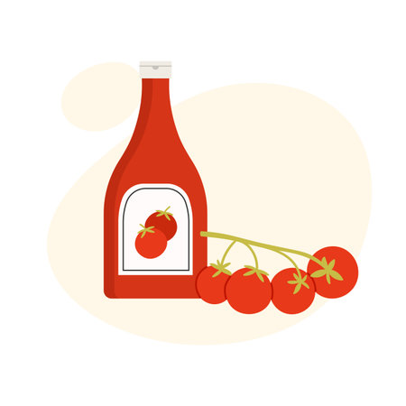 Simple isolated ketchup bottle with fresh tomatoes on white background for food production concept vector illustrationのイラスト素材