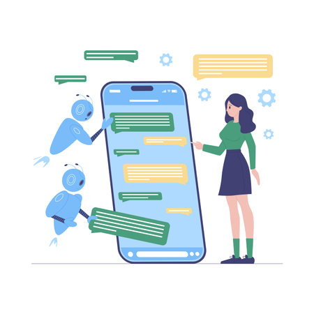 Woman and friendly robots communicate using a large smartphone chat app on isolated white background vector illustrationのイラスト素材