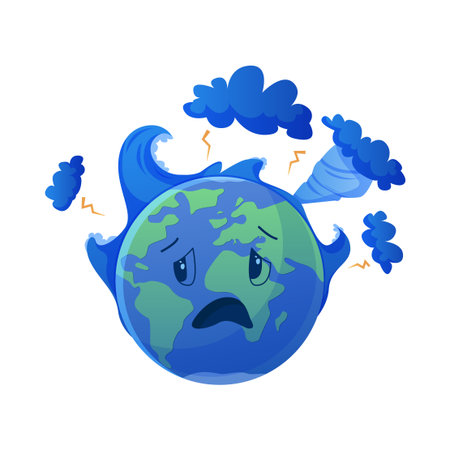 Isolated sad earth planet with storm clouds, waves, and tornado showing environmental crisis vector illustrationのイラスト素材
