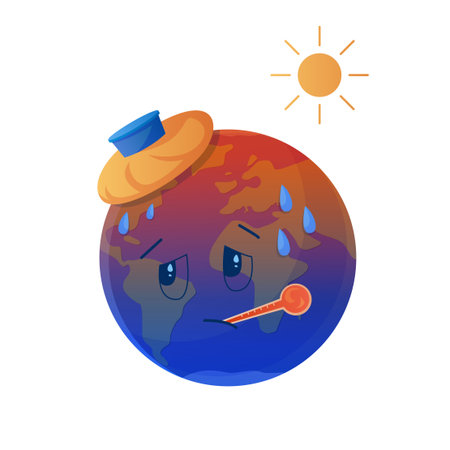 Isolated sad planet Earth with fever, sweating and thermometer, symbolizing global warming vector illustrationのイラスト素材