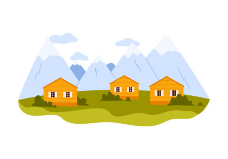 Three wooden cabins on green hills with snowy alpine mountains in the background, isolated vector illustrationのイラスト素材