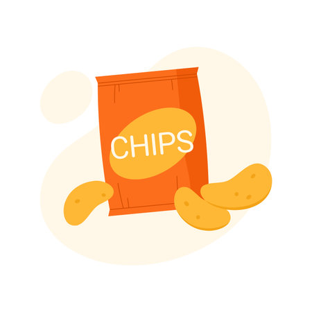 Crispy potato chips snack bag on white background, perfect for food packaging concepts, isolated vector illustrationのイラスト素材