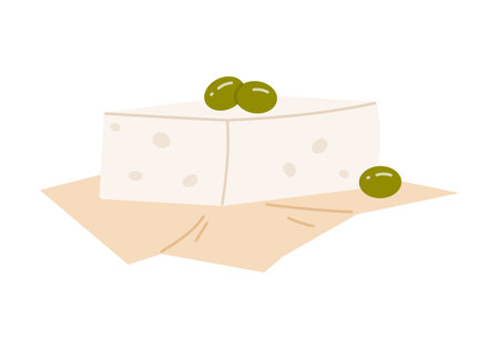 Traditional Greek feta cheese with green olives on paper, isolated on white background vector illustrationのイラスト素材