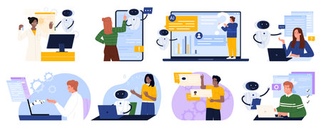 People collaborate with AI bots for programming, analytics, research, writing, art, and language learning in modern digital workspaces, showcasing advanced technology support vector illustrationのイラスト素材