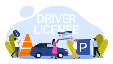 People obtaining driver license, holding car keys, and parking sign, modern urban scene, isolated on white background vector illustrationのイラスト素材