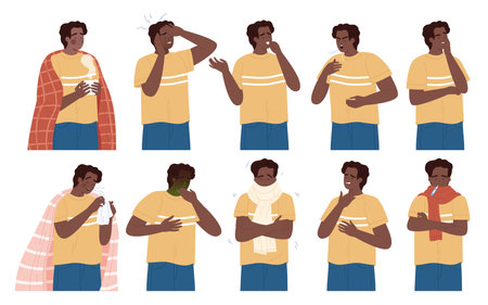Unwell black man showing flu symptoms like cough, fever, headache, sore throat, tiredness, and sneezing in various poses, isolated on white background vector illustrationのイラスト素材