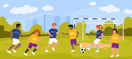 Group of children playing football outdoors on green field, running and kicking ball near goal, enjoying active team sport together in urban park setting vector illustrationのイラスト素材