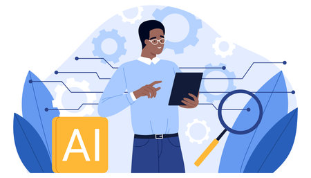 Professional man interacts with AI interface on tablet, surrounded by digital gears, magnifier, and data connections, representing artificial intelligence research isolated on white background vector illustrationのイラスト素材