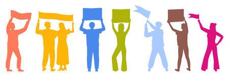 Group of colorful silhouettes of people standing and holding posters, placards, and flags, representing activism, protest, and demonstration, isolated on white background vector illustrationのイラスト素材