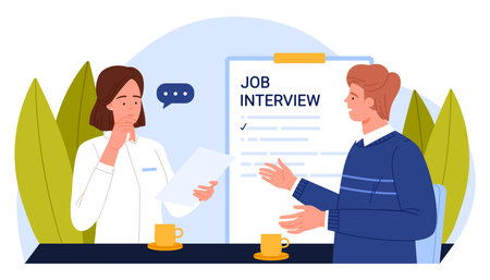 HR manager interviews job candidate in modern office setting, discussing qualifications and career opportunities during a professional recruitment process, isolated on white background vector illustrationのイラスト素材
