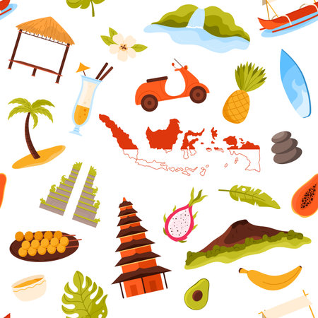 Traditional Indonesian icons, tropical fruits, landmarks, and travel elements arranged in a seamless pattern for cultural and tourism themes, isolated on white background vector illustrationのイラスト素材