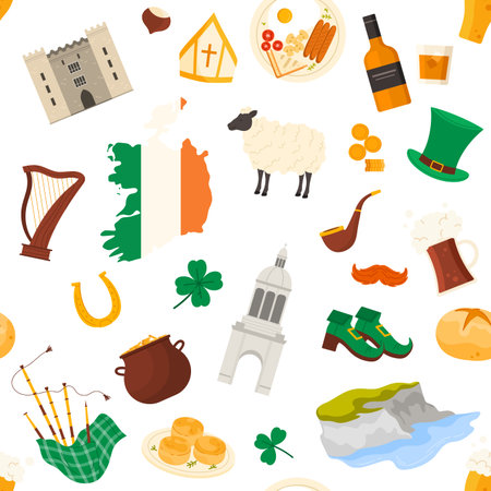 Traditional Irish icons including map, shamrock, castle, food, and musical instruments arranged in a seamless pattern, celebrating Ireland culture and heritage isolated on white background vector illustrationのイラスト素材