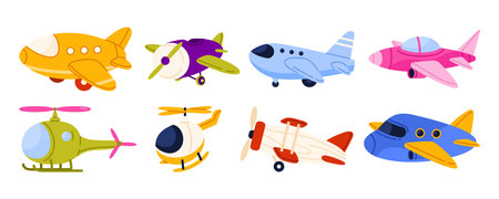 Colorful cartoon airplanes and helicopters for kids aviation design, cute toy aircraft collection for children posters, games, and educational transport graphics, isolated on white background vector illustrationのイラスト素材