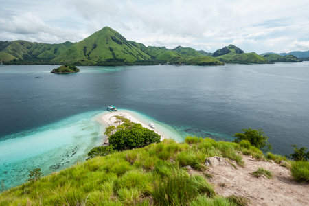 View on the green-capped mountains of Komodo islandの写真素材