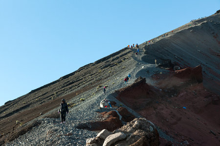 MOUNT RINJANI NATIONAL PARK - INDONESIA - JULY 23, 2016: Movement of trekkers on the ridge of Mount Rinjani on July 23, 2016 in Lombok, Indonesiaのeditorial素材