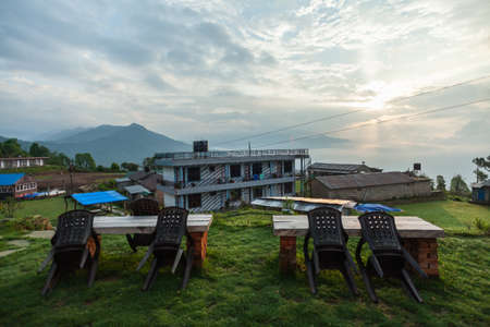 NEPAL - MAY 31, 2016: Open air dining area next to the guest house. Trek to Machapuchare, Nepal on may 31, 2016 in Nepalのeditorial素材
