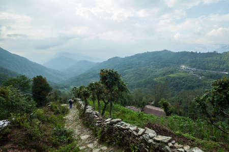 POKHARA, NEPAL - MAY 31, 2016: An unidentified man walks on the stone footpath through the village on the trekking route to Machapuchare on May 31, 2016 in Nepalのeditorial素材