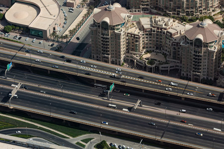 Traffic on the multilayer highways in Dubai, UAE