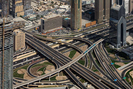 DUBAI, UAE - SEPTEMBER 4, 2018: Highways and overpasses of Dubai from the observation deck of Burj Khalifa on September 4,2018 in Dubai. UAEのeditorial素材