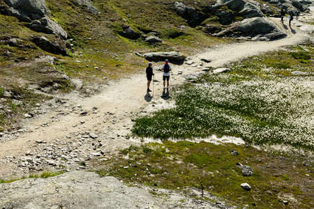 VESTLAND COUNTY, NORWAY - JULY 26, 2019: Two hikers on the hiking route to Trolltunga, Vestland county, Norwayのeditorial素材