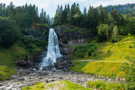 View of the waterfall on the hiking route to Trolltunga, Norwayの写真素材