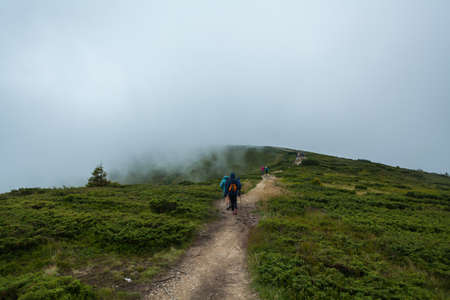 CARPATHIANS, UKRAINE - AUGUST 14, 2016: People hike towards the third highest peak of Chornohora rangeのeditorial素材